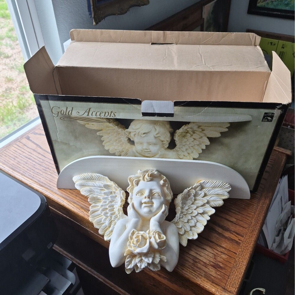 Vtg Alco Gold Accents Wall Shelf 18" Cherub Angel Ivory in Original Box Cupid 90